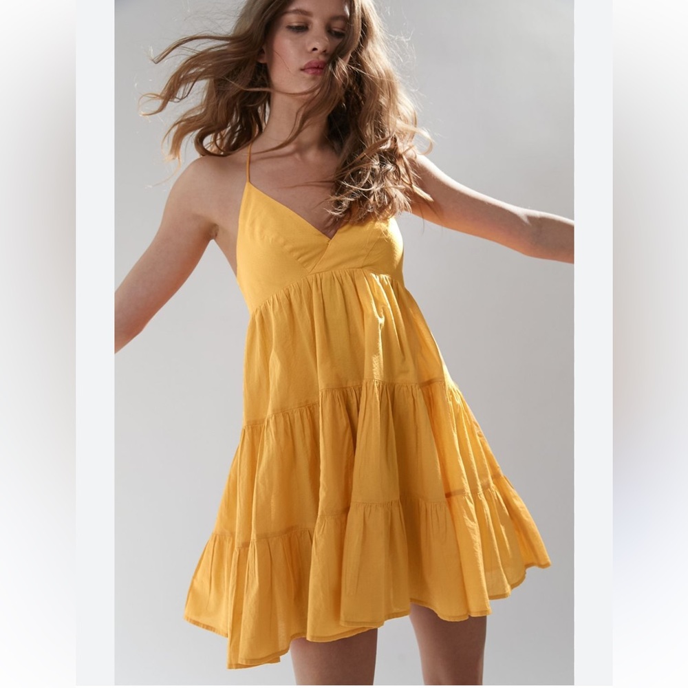 Urban Outfitters UO Yellow Cotton fieldstone tiered mini dress V Neck size S - Picture 1 of 16